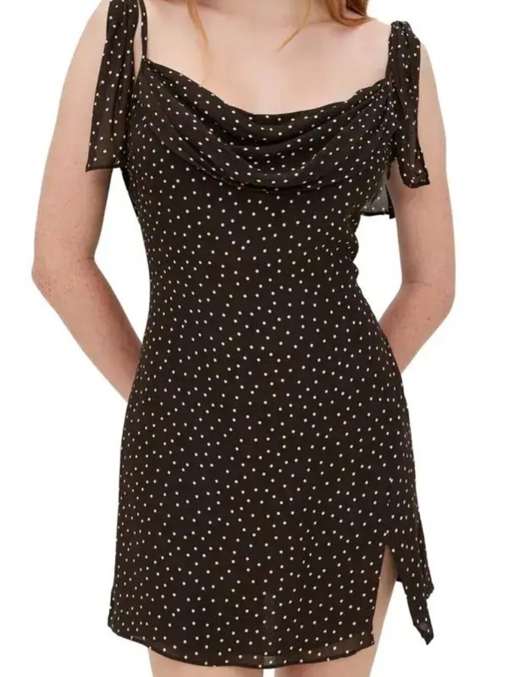 Reformation Juliette Mini Dress Brown Polka Dot Cowl Neck Tie Strap XS